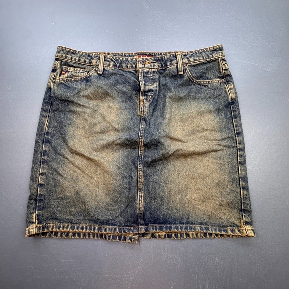Vintage LEI Denim Skirt Women's 17 High Waist Button Fly Distressed Blue Y2K - Picture 1 of 13